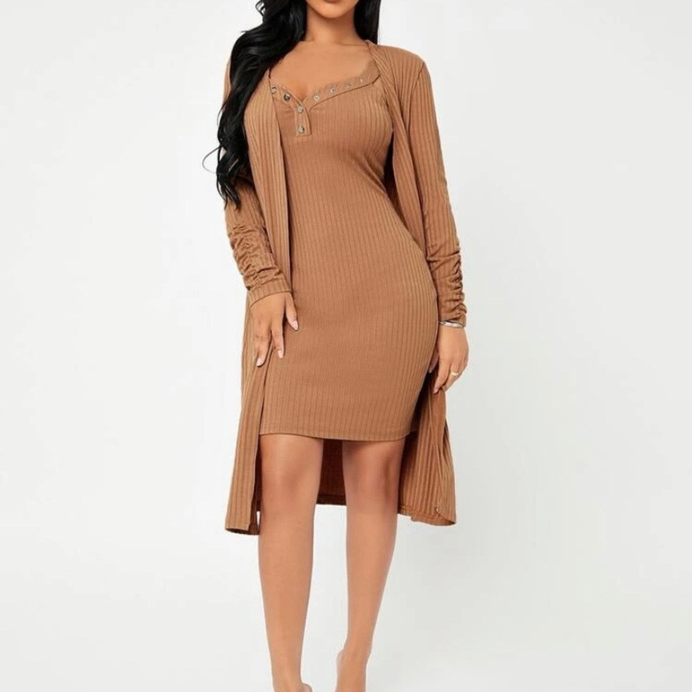 SHEIN SXY Button Through Rib Knit Bodycon Dress With Coat